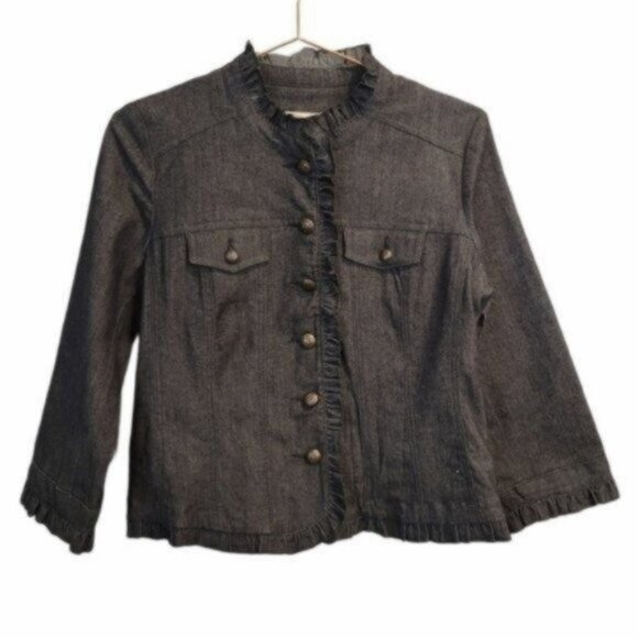 Sandro | Dark Denim Jean Ruffle Button Front Blazer Jacket - Picture 1 of 6